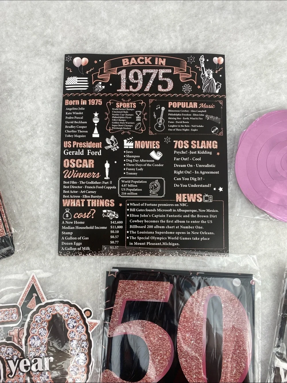 50th Birthday Party Supplies Set - Rose Gold and Black